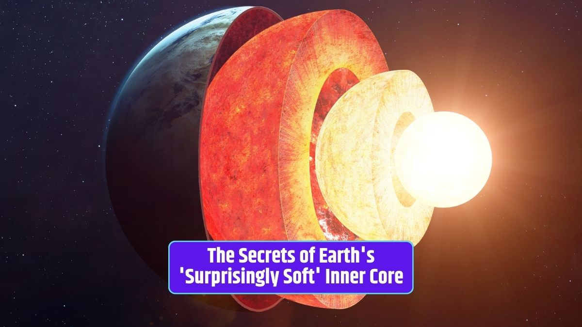 Earth's inner core, hyperactive atoms, Earth's geology, seismic waves, core's softness, inner core mysteries, Earth's magnetic field, geologic processes,
